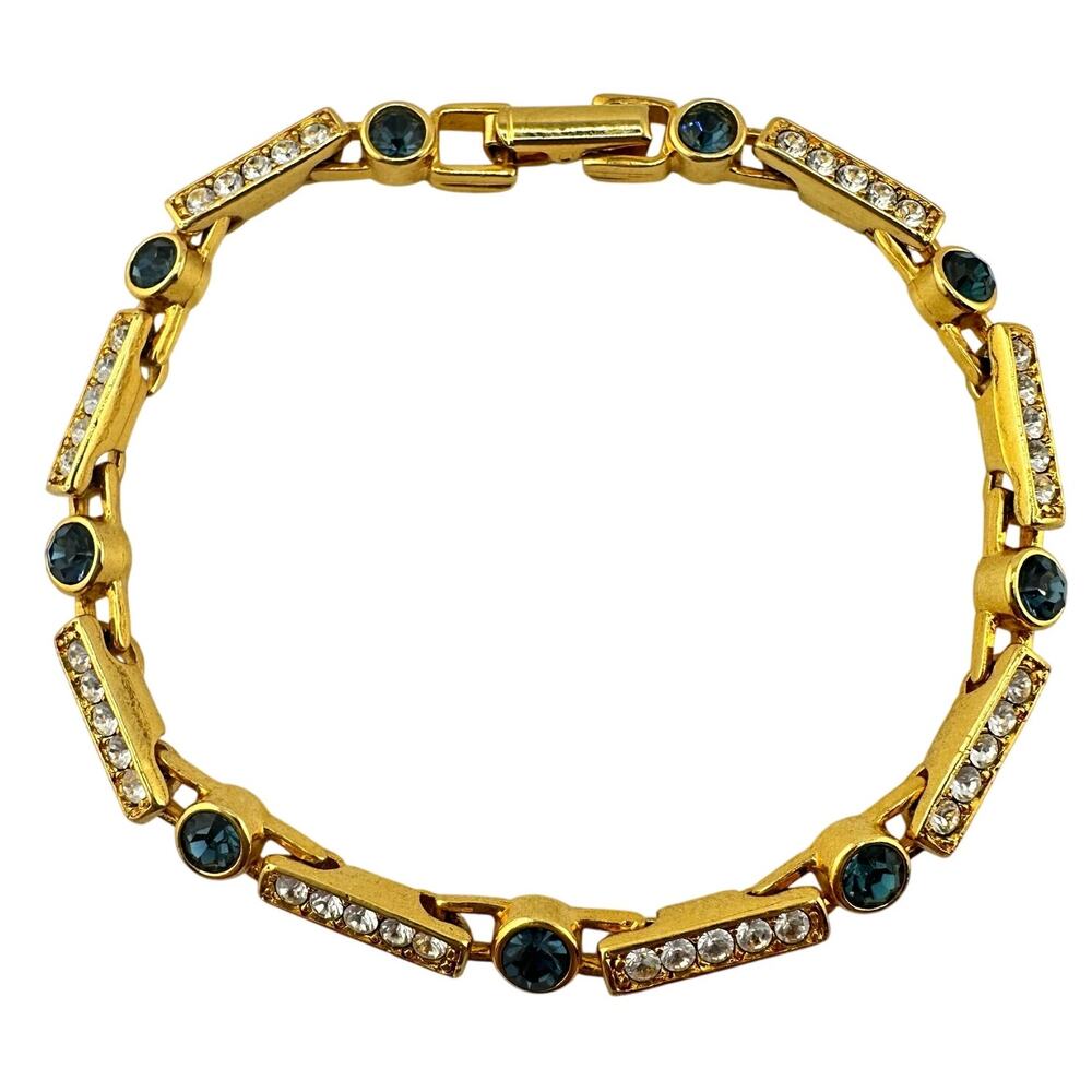 Premier Designs Rhinestone Crystal White Blue Gold Tone 6.75" Tennis Bracelet